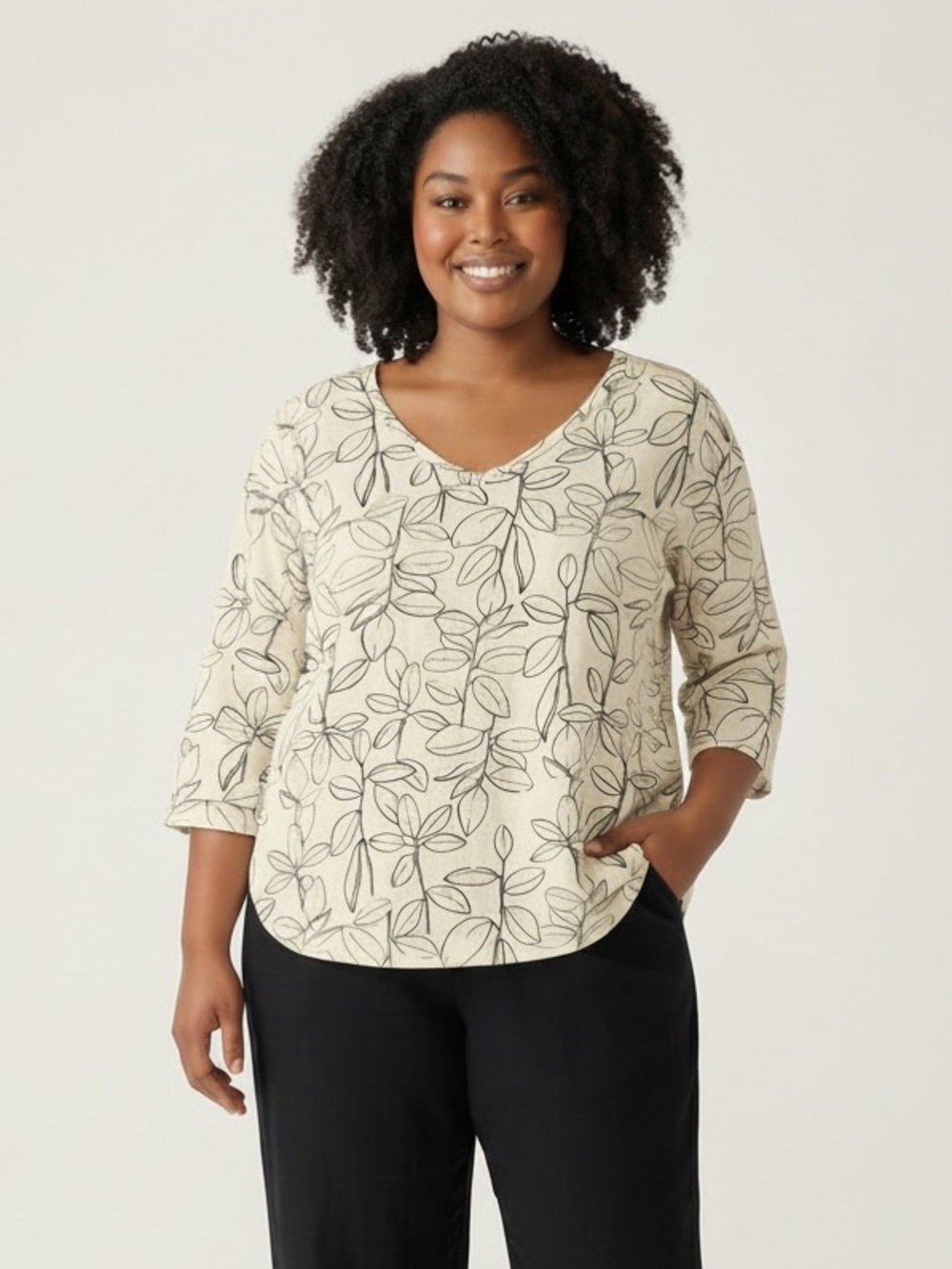 🛫 Cynthia Rowley Linen Beige and Black Leaf-Print Scoop Neck Tunic size 2X